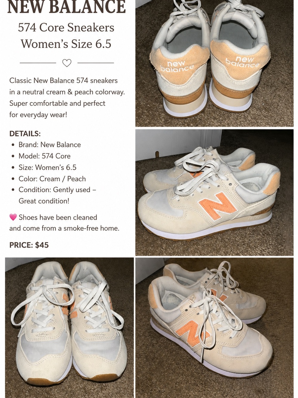 New Balance Cream/ Orange  574 Core Women's Sneakers